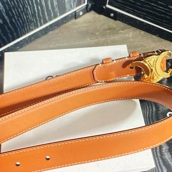 Celine Tan Leather Belt with Gold Buckle - Picture 3 of 4
